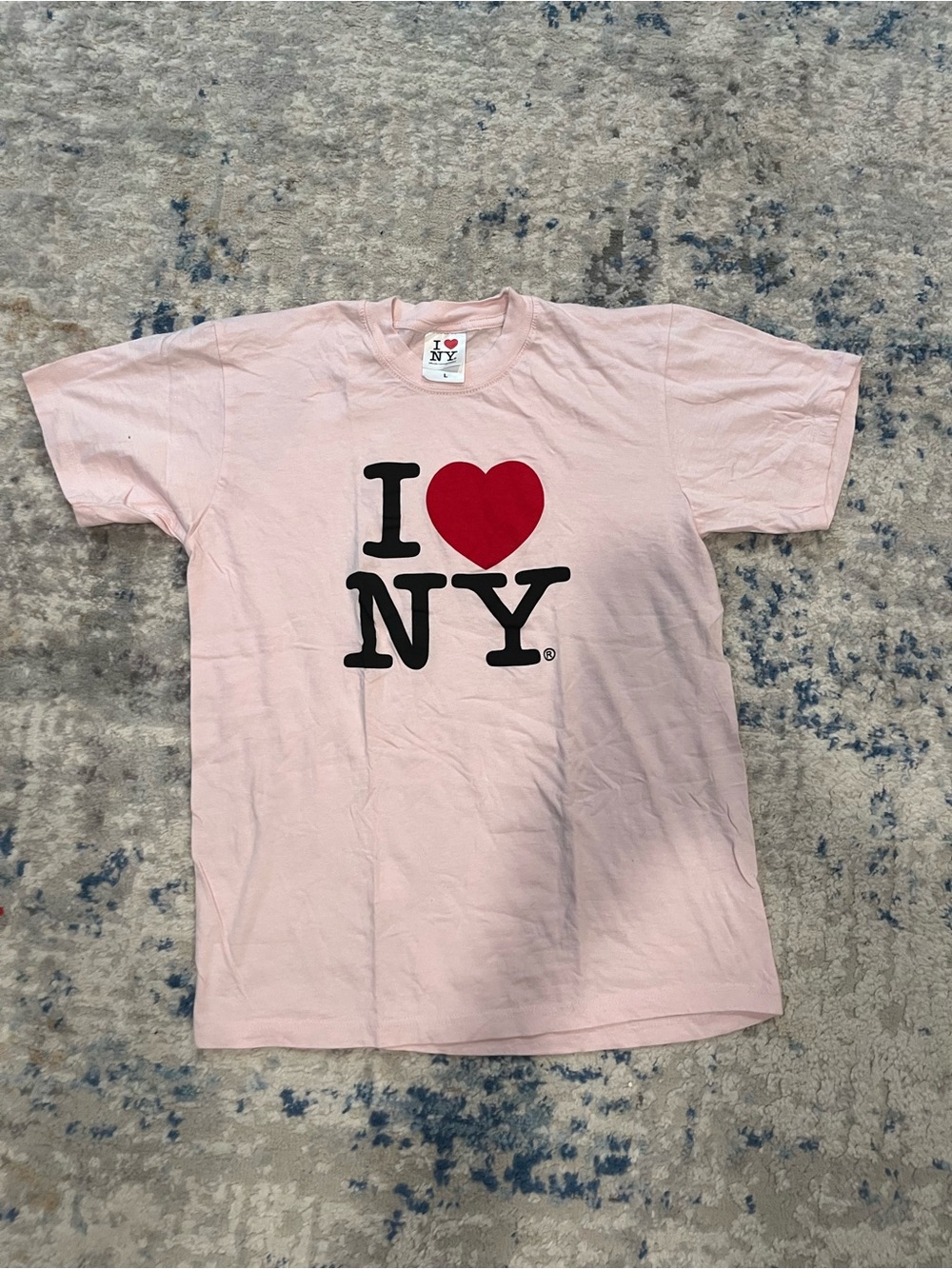 Pink I Love NY t-shirt with black text and red heart, size L #newyork